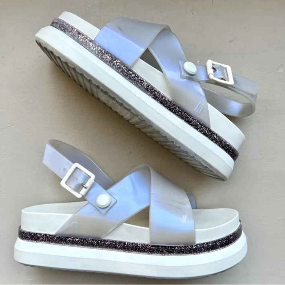 Melissa Awaytomars White Cosmic Sandals II Glitter Platform Soles Women’s Size 6